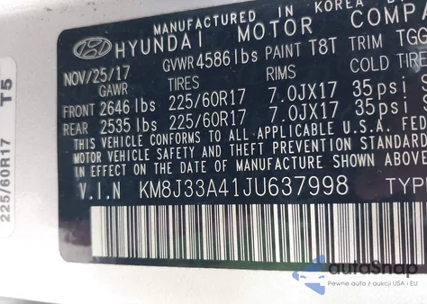 2018 Hyundai Tucson Sel из США, поврежденный, VIN KM8J33A41JU637998